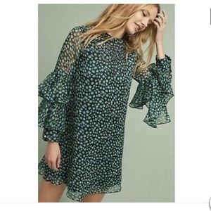 Ranna Gill Green and Black Floral Mirror Dress. Anthropology. Medium.